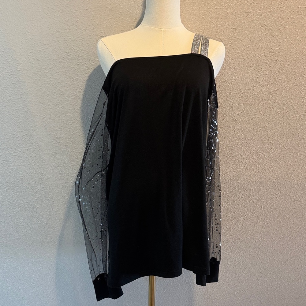 Black One-Shoulder Top with Sequin Sleeve